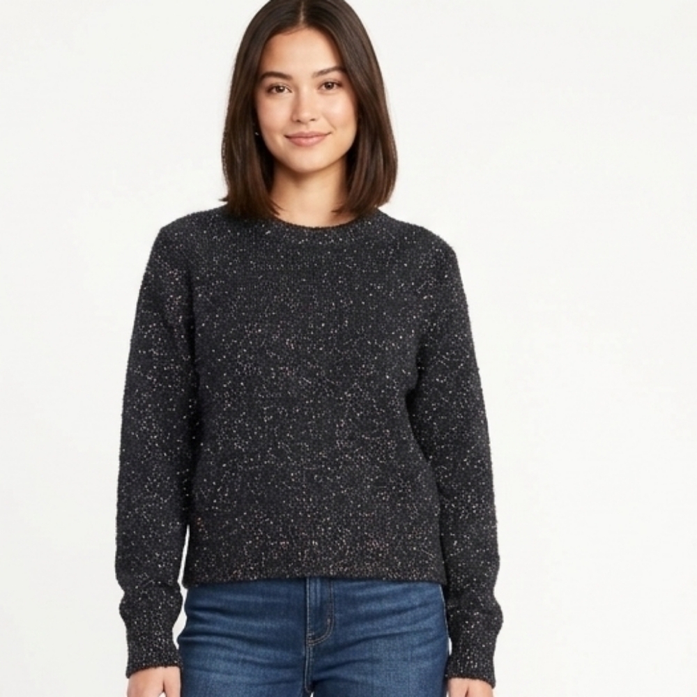 Old Navy Eyelash Party Shine Sweater Small Black Metallic Crew Neck Pullover